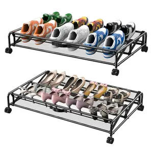 KOSIWU Under Bed Shoe Storage with Wheels 2 Pack Rolling Under Bed Storage Containers for Shoes Metal Shoe Rack Organizer Bedroom Organization