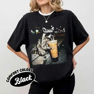 Comfort Colors Raccoon Drinking Iced Coffee Shirt, Retro Prehistoric Shirt, Gift For Animal Lover