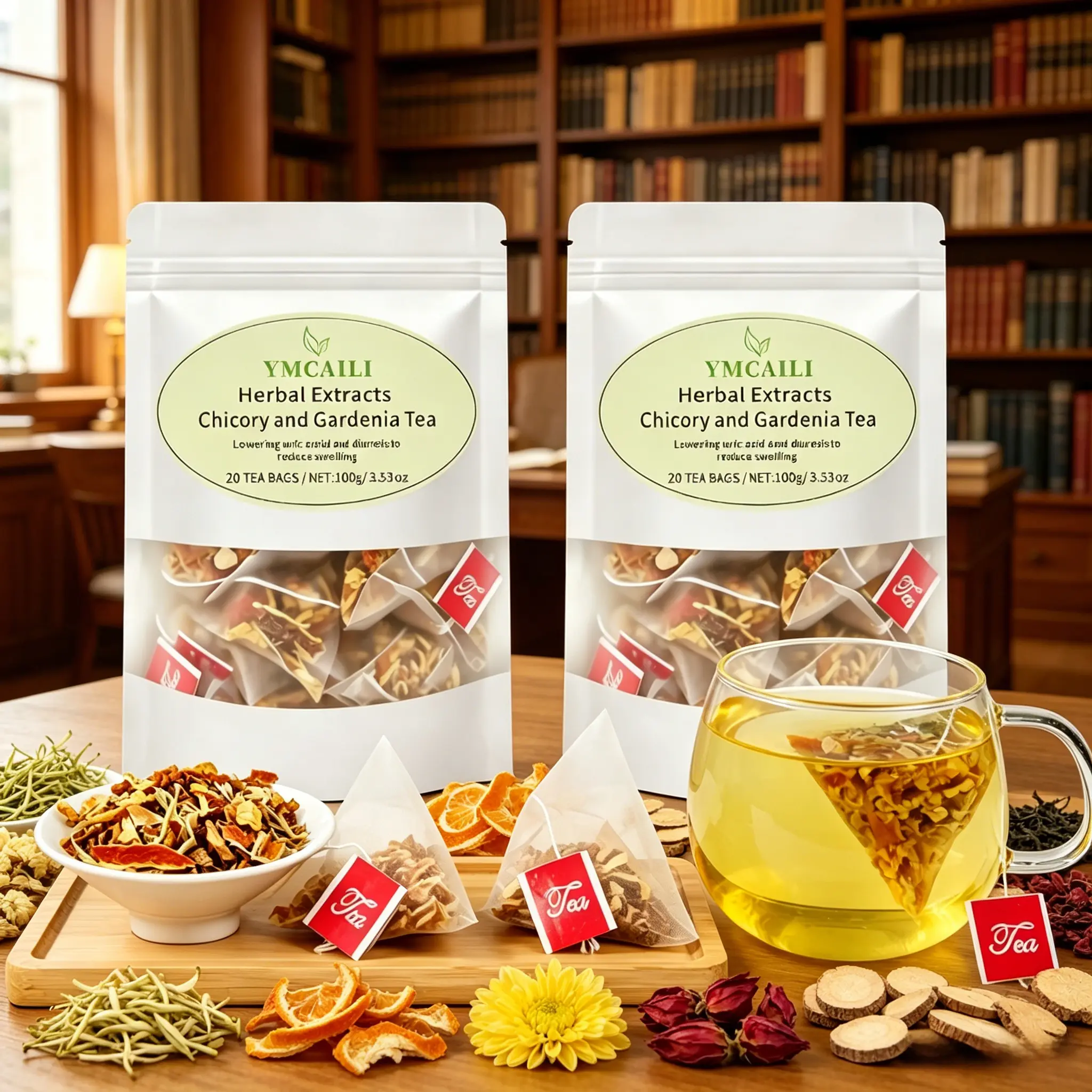 Premium Chicory Herbal Tea, Upgraded 100g Large Pack with 20 individual tea bags. This delightful blend combines six natural botanicals: chicory, honeysuckle, cape jasmine, chrysanthemum, licorice and dried orange peel.Coffee Alternative.
