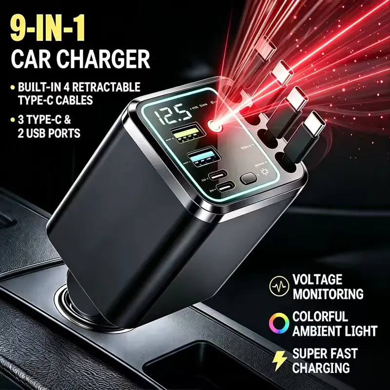 150W 9-in-1 Car Charger Block, Auto Accessories Car Interior Accessories with 4 Retractable Cables, 5 Ports, Atmosphere Lamp, LED Voltage Display, RGB Light | Phone Charger for iPhone 18/17/16/15, Galaxy S25/S24, MacBook, iPad | Road Trip