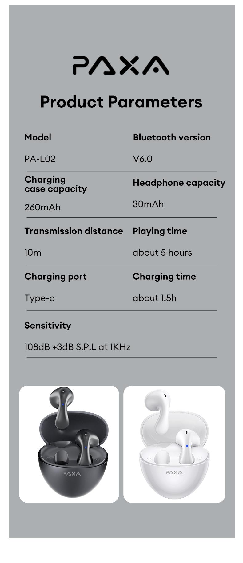 PAXA PA-L02 Wireless Bluetooth Headphones, Powerful Sound Effects for Music, Dustproof & Waterproof Sports Earbuds for Running, Workout, Audio