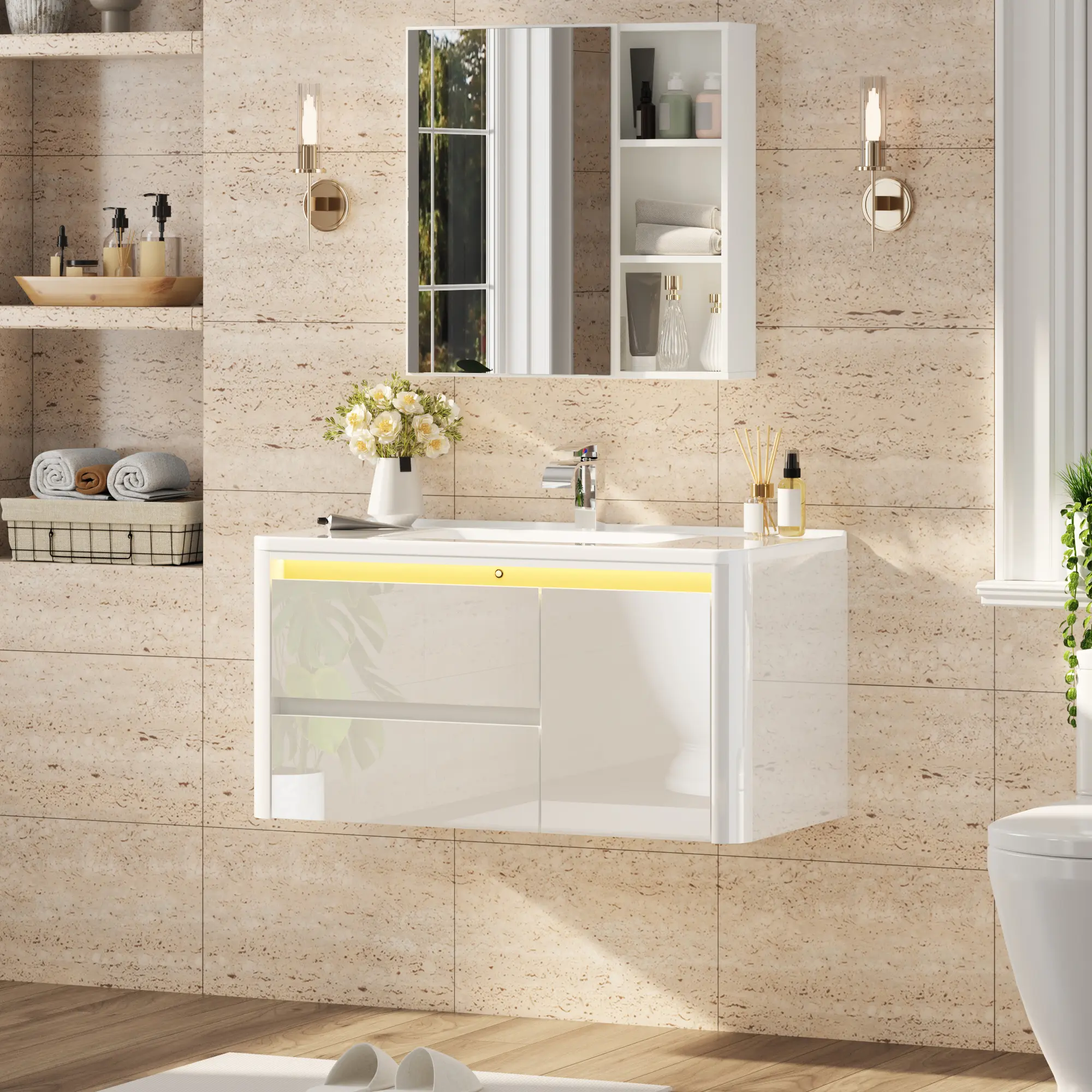 36" Furniture-Style Floating Bathroom Vanity Set with Sink, Mirror, LED Light, Drawer Wall Cabinets, Multifunction Glossy Wall-Mounted Storage Cabinets, Multifunction Wall Cabinets