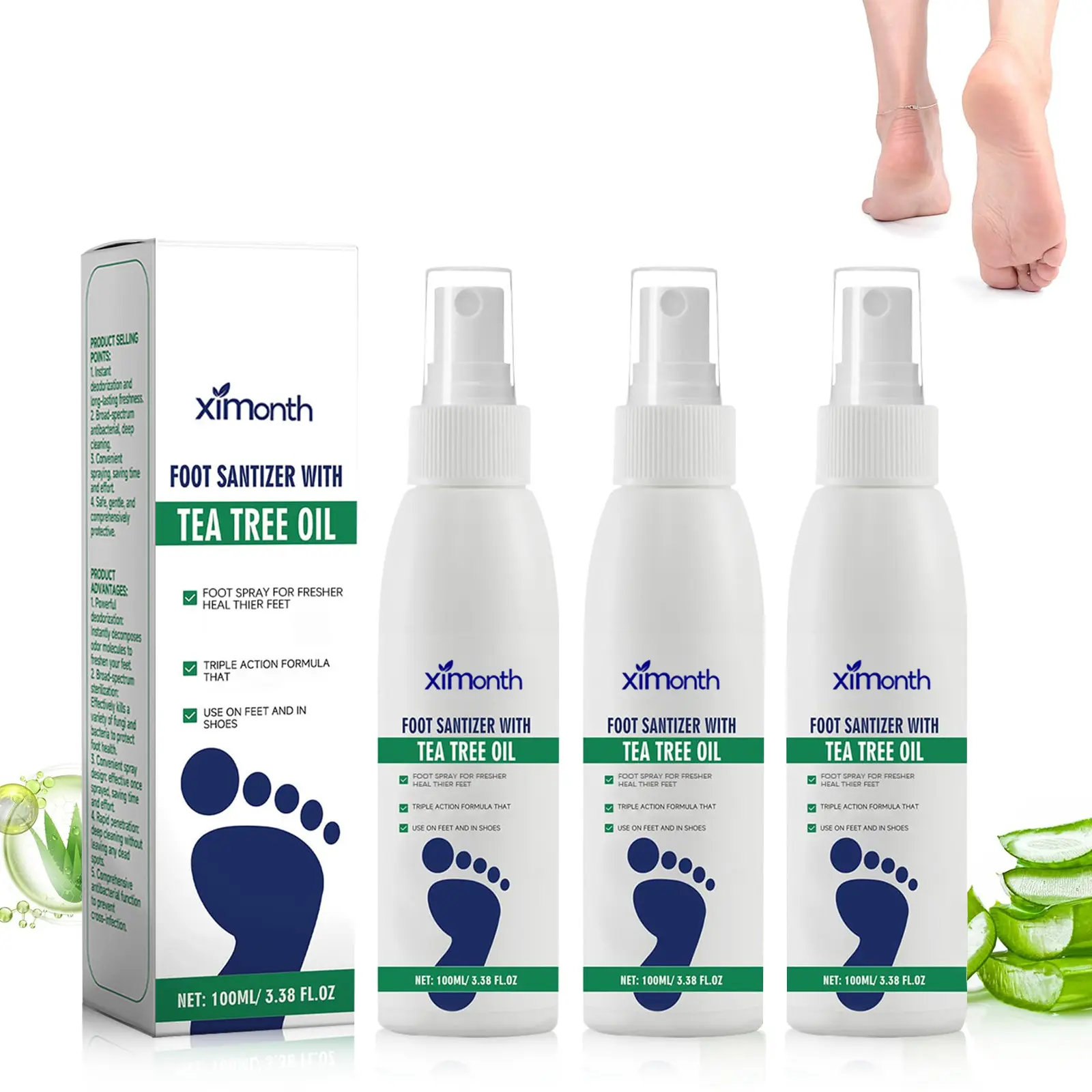 3 Bottles Ximonth Tea Tree Oil Foot Spray 100ml, Broad Spectrum Antibacterial, Antifungal Deodorant for Foot Odor, Itch Relief & Dry Foot Care Product Foot Care Tool, Gentle