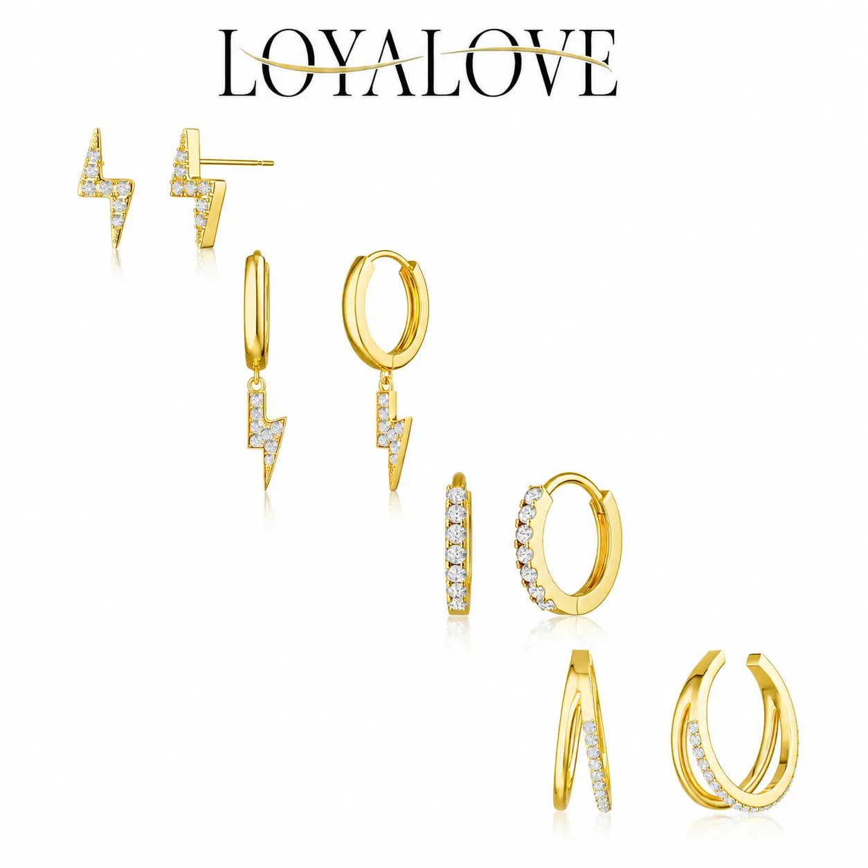 LOYALOVE Women's 4-Pair Multi-Pieces Cubic Zirconia Gold Jewelry Set - Lightning Bolt Studs, CZ Huggie Hoops, Double Band Ear Cuff, Stackable Mix-and-Match Earrings for Everyday Outfit & Layered Looks