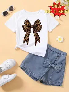 Girls' Summer Trendy Butterfly Knot Leopard Print Comfortable Round Neck Short Sleeve T-Shirt, Casual Versatile Unisex Kids Clothing