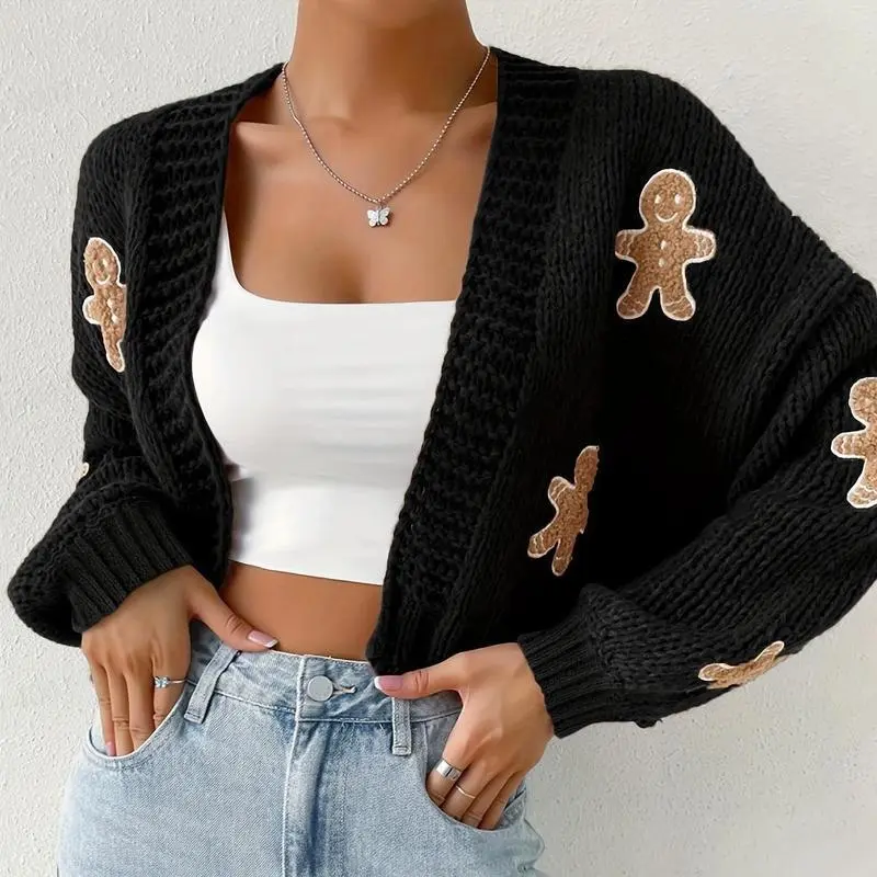 Gingerbread Man Crop Cardigan - Women's Autumn/Winter Long Sleeve with Christmas Embroidery Sweater Knitwear Casual Tops Vneck fall sweater