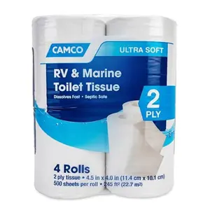 Camco Marine & RV Toilet Paper — 2-Ply — Septic Safe — Dissolves Fast — Dye & Fragrance Free — 4-Rolls (500 Sheets Per Roll) (40274)