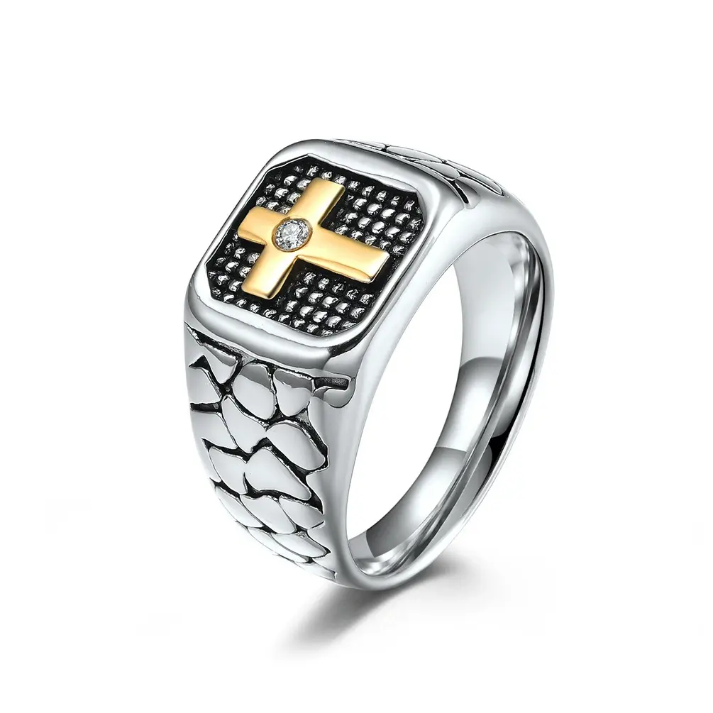 Men's Retro Rhinestone Ring - Stainless Steel 3-Stone Triple-Sided Cracked Synthetic Zircon Ornate Cross Design, Religious Crucifix Motif Vintage Rings Jewelry, Thanksgiving Gift Accessory,summerwins