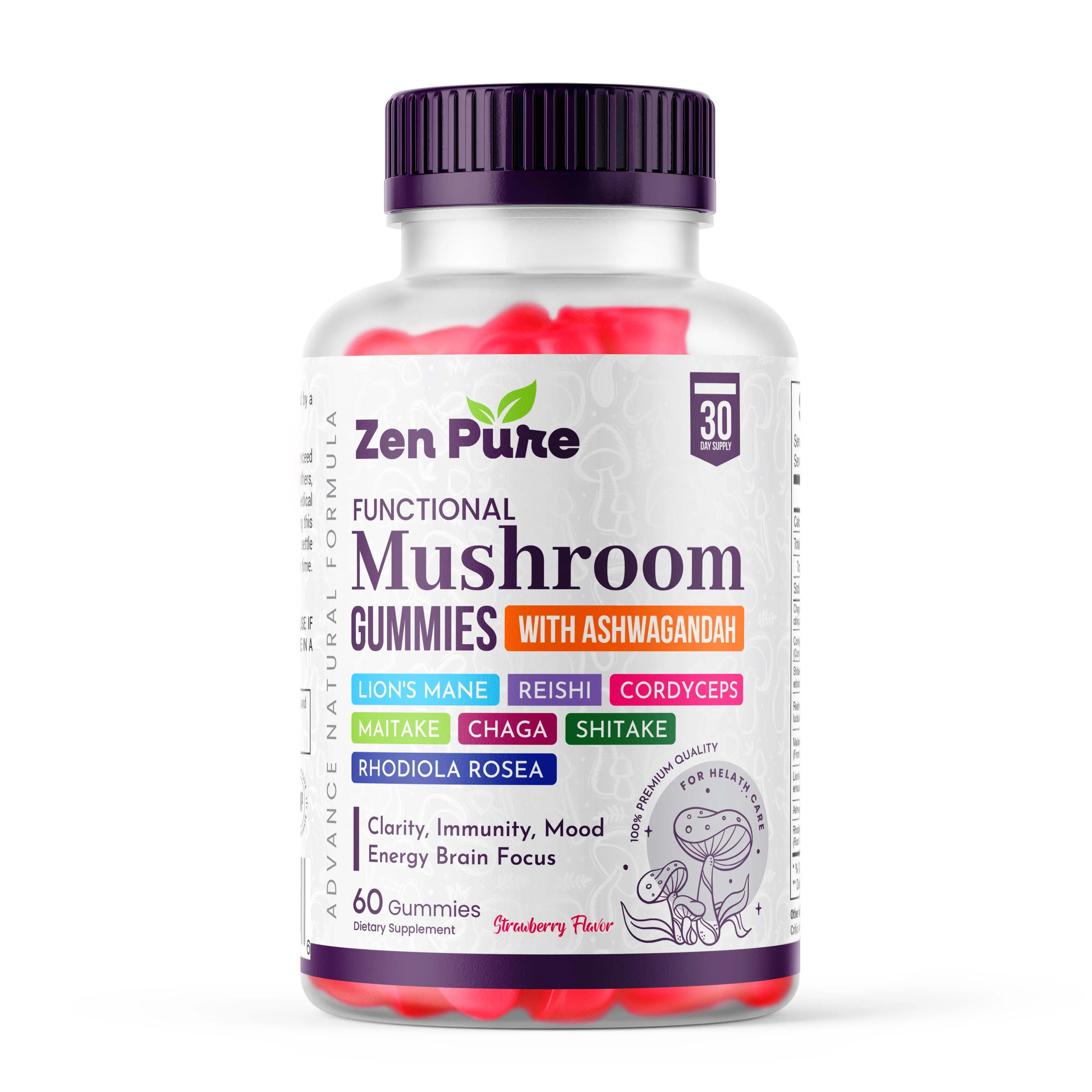 Zen Pure Functional Mushroom Gummies - 60 Count, Non-GMO, Gluten-Free, Strawberry Flavor, with Lion's Mane, Reishi, Cordyceps & More