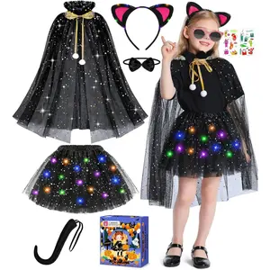 P-CPA06   Black Cat Costume and Cape for Girls, 7 Pcs LED Light Up Kids Cat Halloween Costume for Girl Ages 3 4 5 6 7 8