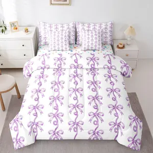 Purple Bow Tie Bedding Set,7 Piece Cute Coquette Bows Comforter Bed Set with Sheets,Girls Kids,Purple Ribbon Bowtie Striped Bed Bag,Aesthetic Bow Sheet