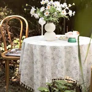French Style Round Tablecloth, Cream Floral Design, Handmade Fringe Edge, Ideal for Tea Parties, Outdoor Decor, Mother's Day Gift