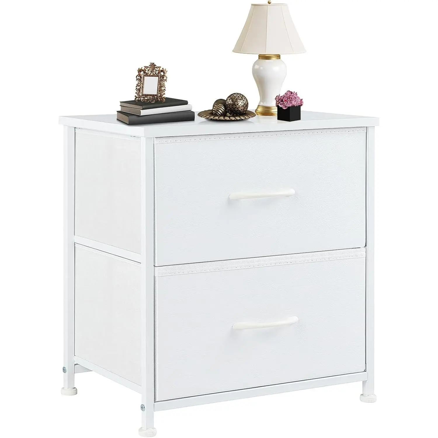 DUMOS Nightstand Small Dresser with 2 Fabric Drawers, Bedroom End Table | Kids Bedside Storage Furniture for 20 inch Tall Night Stand for Closet, Dorm, White