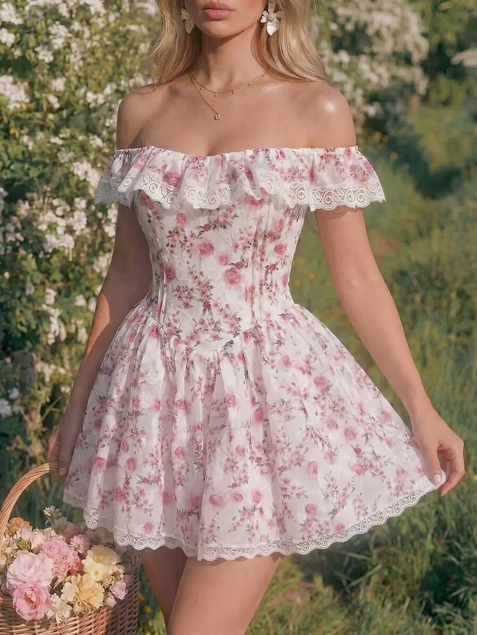 Women's White Rose Print Off Shoulder Mini Dress, Lace Trim Ruffle Cottagecore Summer Party Dress