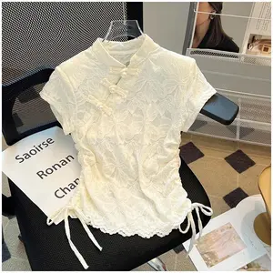 Chinese Style Qipao Lace Blouse, Vintage Mandarin Collar Slim Fit Summer Top with Vintage Chinese Knot Buttons T-shirt