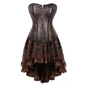 Steampunk Corset Dress for Women 2 Pieces Plus Size Sexy Renaissance Medieval Victorian Bustier Top Halloween Goth  Pirate Cosplay Costume with Short Skirt Tutu Vintage Design Fairy Fashion Lace Womenswear Korsett Corsé Mujer Corsetto Fashio Brown