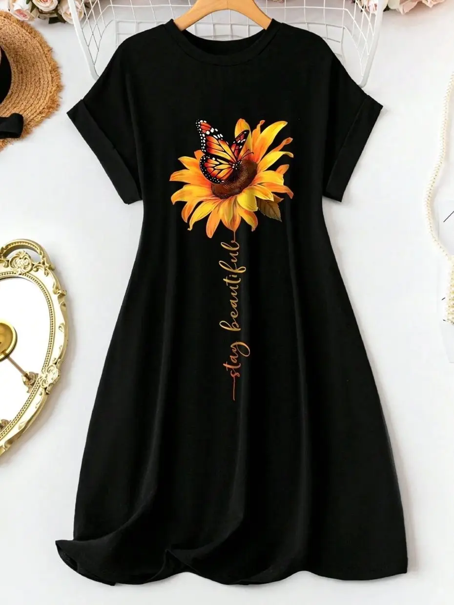 Sunflower Pattern Loose Fit Summer Dress, Casual Round Neck Everyday Sundress