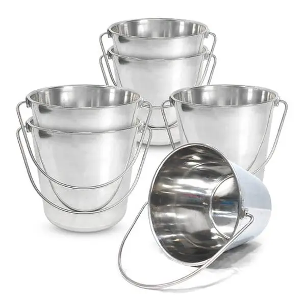 PetYupp Heavy Duty Stainless Steel Round Bucket, 6 Qt Kennel & Utility Pail (Pack of 6)