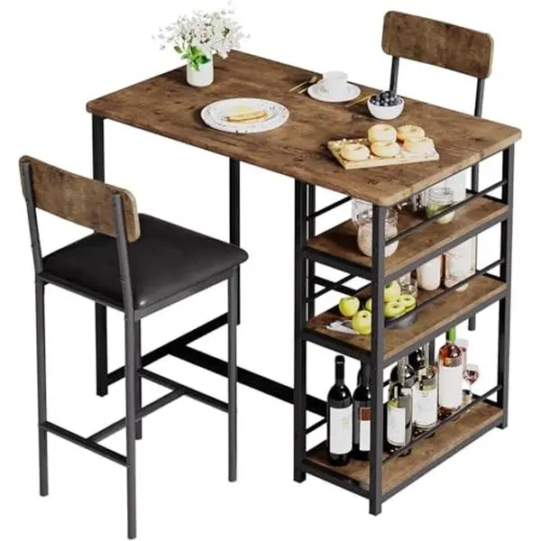 GARVEE 3-Piece Farmhouse Counter Height Bar Table Set - Space-Saving Dining Table with Storage Shelves, 2 Upholstered Chairs, Vintage Indoor Furniture for Breakfast Nook