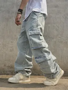 Men's Four-Season New European Style Wide-Leg Jeans Multi-Pocket Loose Straight Leg Light Wash Denim Cargo Jeans Workwear, Casual, Streetwear All Seasons Loose Jeans Trousers