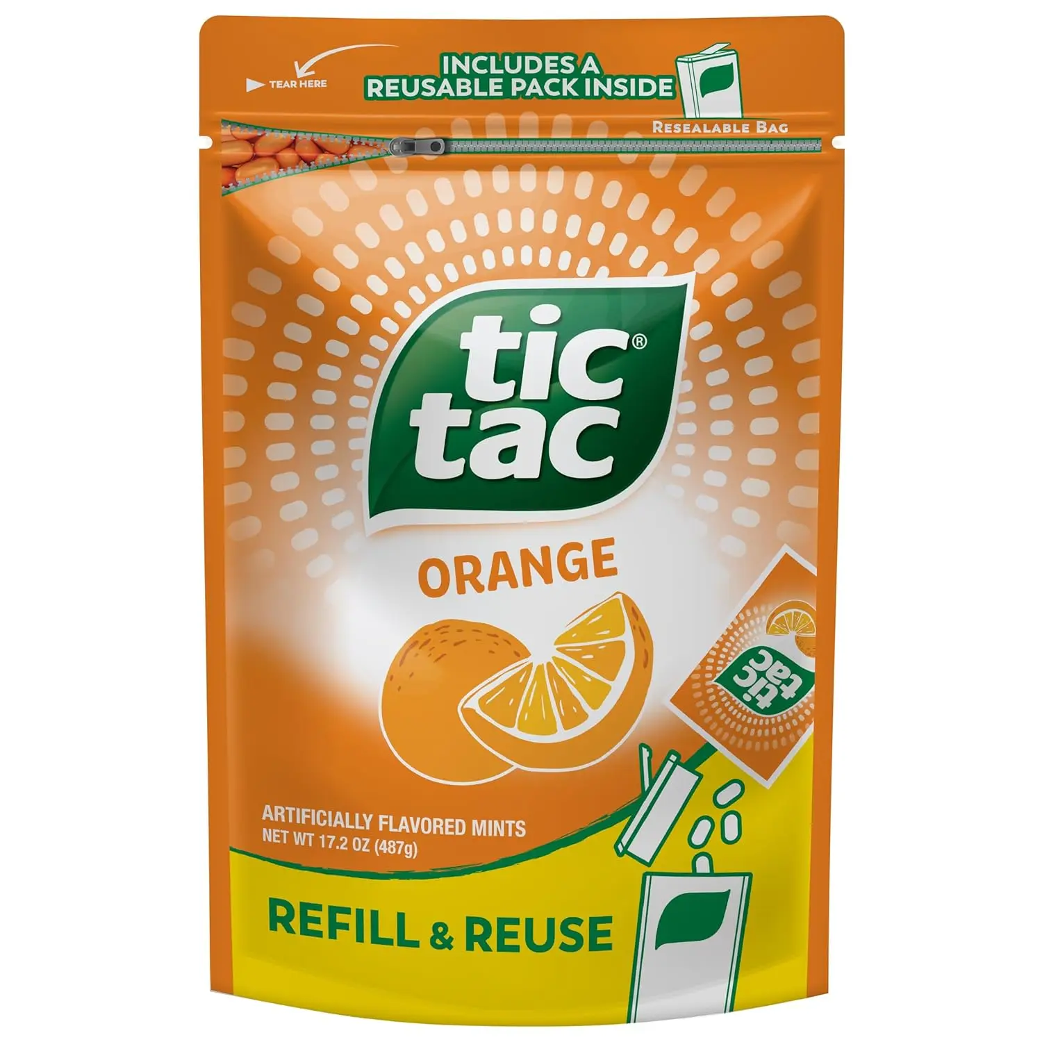 Tic Tac Bulk Orange Gluten-Free GMO-Free No GMO Resealable Refill Bag Candy Snacks - 17.2 oz Pocket-Sized On-the-Go Sweet Mints, 1 Empty Refillable Pack Included, Ideal for Youth Parties, Soccer Games, Boost Confidence
