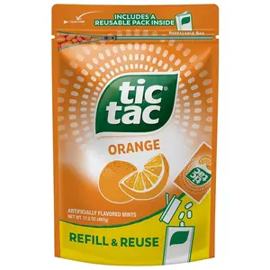 Tic Tac Bulk Orange Gluten-Free Refill Bag Candy Snack - 17.2 oz Pocket-Sized On-the-Go Sweet Mints, Includes 1 Empty Refillable Pack, Ideal for Youth Parties, Confidence-Boosting Treat