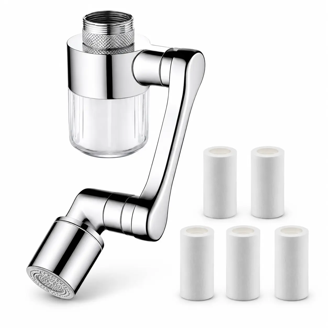 3D Swivel Faucet Aerator Filter Set - 360-Degree Rotatable, Anti-Splash Soft Flow, Clear Visible Shell, 5 Replacement Cartridges, Universal Adapter for Kitchen, Bathroom Sinks