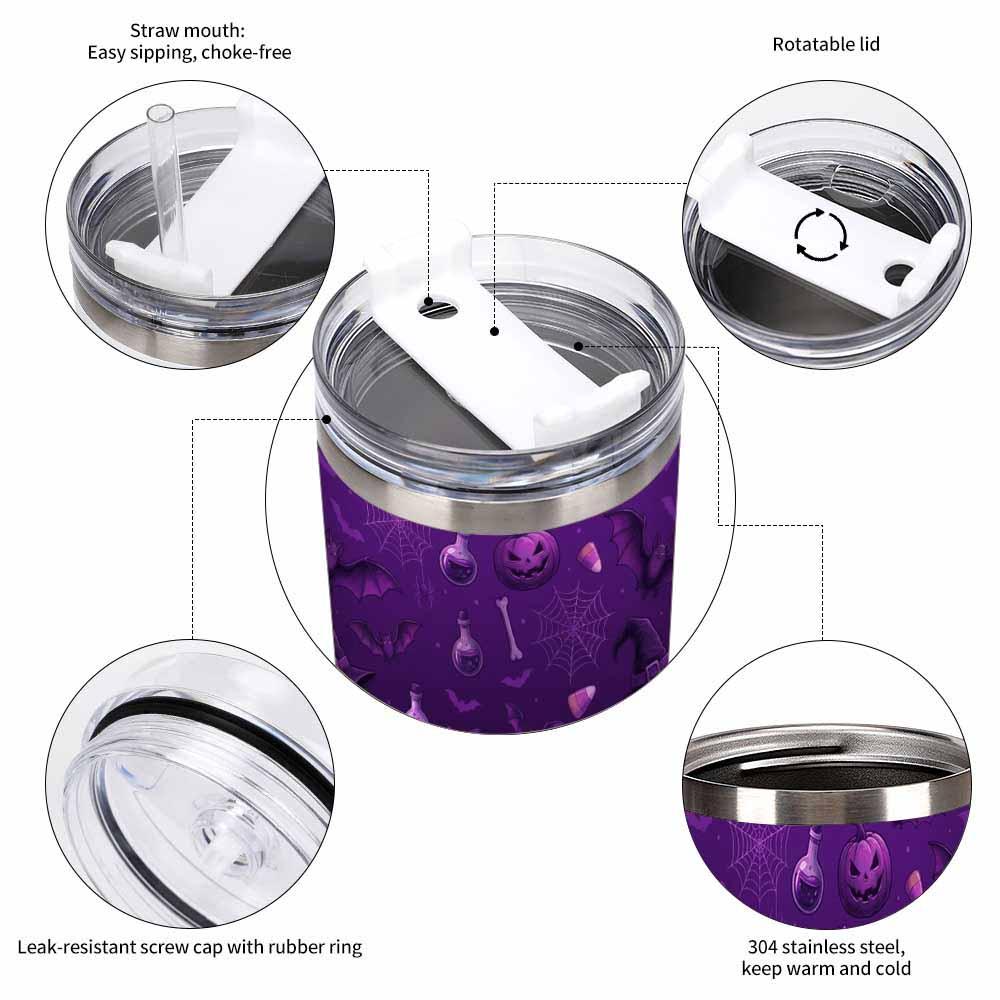 Purple Halloween Double-Wall Insulated Stainless Steel Tumbler (30oz-40oz) with Bat, Pumpkin, Spider Web, Witch Hat Gothic Print, Leakproof Lid, Straw, Portable Vacuum Flask for Travel, Autumn Gift