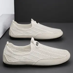 [Breathable-On Sneakers] Beige Breathable Men's-On Sneakers - Airy Knit Design with Flexible Sole and EVA Insole