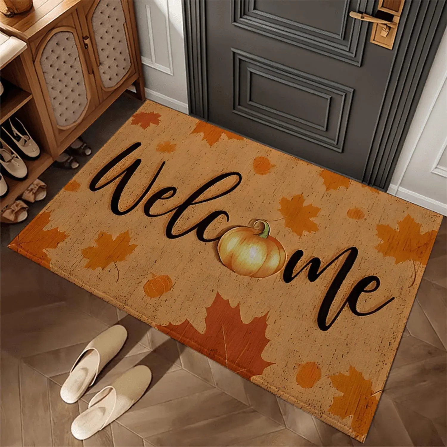 Pumpkin and maple leaf pattern doormat, super soft plush velvet material, non-slip and machine washable, durable - perfect for entryway/kitchen/bathroom/living room/bedroom, enhance the sense of happiness, suitable for Christmas.