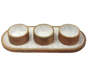 Temp-tations Carved Willow Set of (3) Wood Ramekins with Elongated Tray