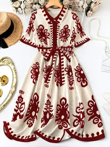 Elegant Women's Dress, Short Soft Fabric Ethnic Style Colorblock Print Design, Perfect for Casual Daily Wear & Special Occasions