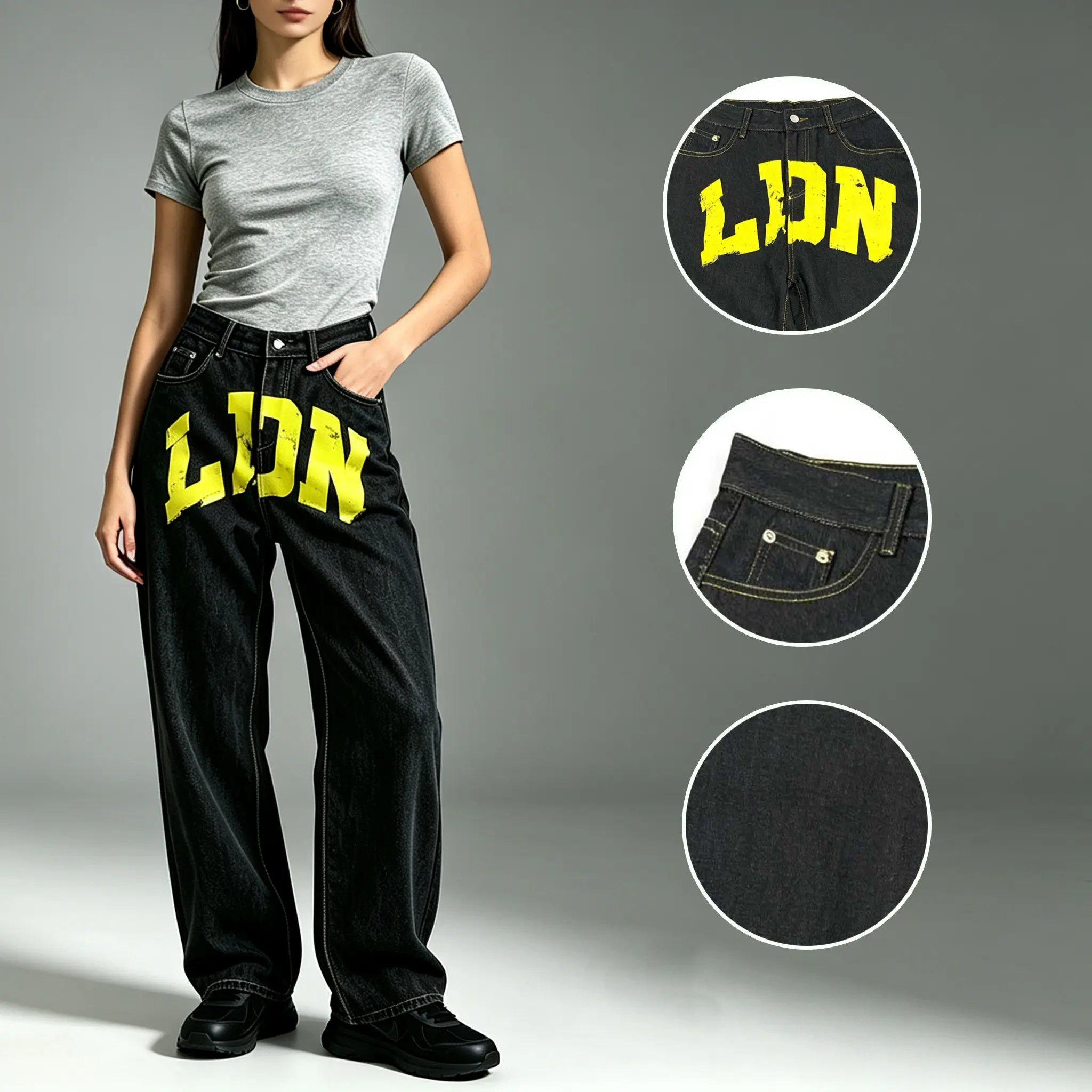 Women's Baggy Wide Leg Jeans LDN Print Washed Denim Pants with Yellow Letter Print Y2K Streetwear Bottoms Womenswear