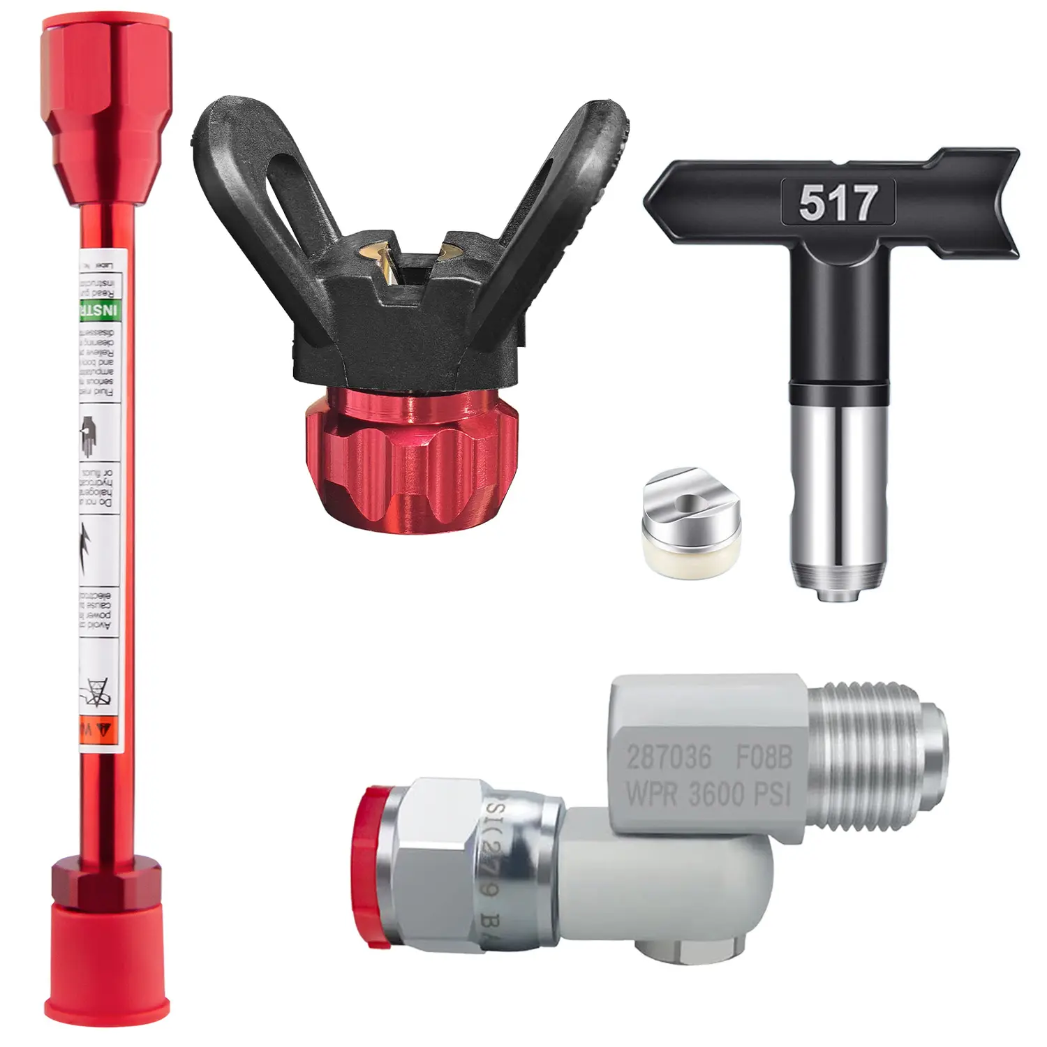 4 pieces of airless spray gun nozzle extension rod set, home decoration airless spray gun tool accessories Sprayer Nozzle, Spray Nozzle Tips, Spray Nozzle Kit (1 black 517nozzles with gaskets+1red bases+1 red extension rods+1 Rotating universal head)
