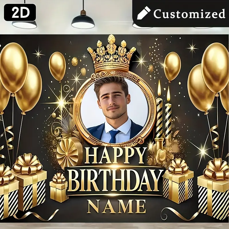 Personalized 2D Black Golden Shiny Finish Happy Birthday Luxury Poster, Polyester Party Banner Decoration Supplies with Crown, Balloons, Gift Box Prints, Vinyl Inkjet Printing Photography Prop