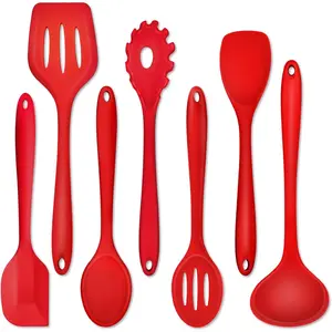 7 Pieces Silicone Cooking Utensils Set, Heat-proof Kitchen Utensils for Nonstick Cookware, Includes Non-stick Spatula, Slotted Turner, Soup Ladle, Pasta Server, Cooking Spoon for Cooking Serving - Red