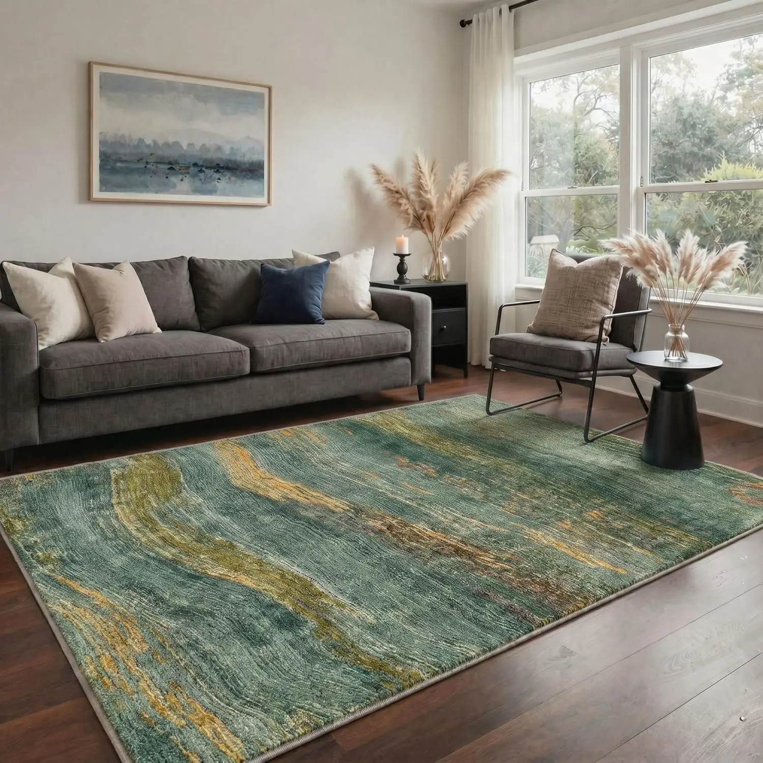 Area Rugs for Living Room Machine Washable Non Slip Low Pile, Wave Streaks Print Pattern Lightweight Chenille Rug for Bedroom Dining Room Home Office, Teal Gold
