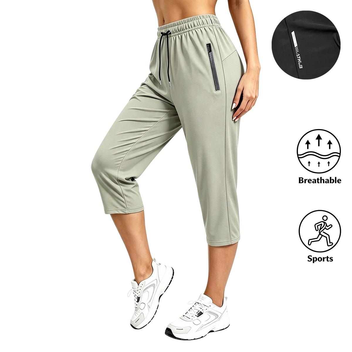 Four-pack women’s athletic capri pants made from breathable fabric for sports, featuring an elastic drawstring waistband that is comfortable and doesn’t constrict. Suitable for running, yoga, workouts, and everyday casual wear; machine washable and easy t