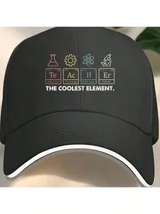Men's Science-Themed Baseball Cap With Colorful Element Symbols (Te, Ac, H, Er) & "The Coolest Element" Text - Black Sandwich-Style Brim Casual Hat For Chemistry Enthusiasts, Science Apparel, Playful Design, Durable Headgear