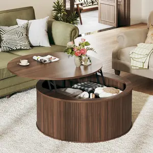 Round Coffee Table with Storage, 31.5" Lift Top Coffee Table, Mid Century Modern Coffee Tables for Living Room, Apartment Office, Fluted Table with Rustic Wood Desktop, Walnut