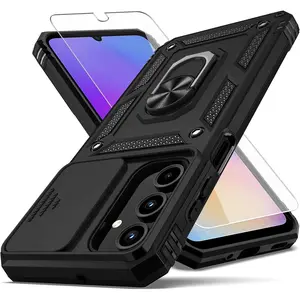 for Galaxy A16 5G Phone Case,with Camera Lens Cover HD Screen Protector,[Military Grade] Ring Car Mount Kickstand Hybrid Hard PC Soft TPU Shockproof Protective Case for Samsung Galaxy A16 5G, Black