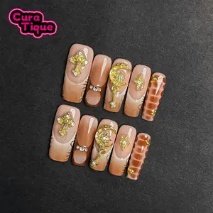 CuraTique | Mocha Celestial Gold 10PCS Handmade Press On Nails REUSABLE 3D Gel spring 2026 / Prom