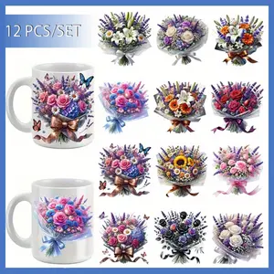 12PCS/ SET Bouquet Of Flowers DIY UV Transfer Paper Set - Waterproof Vinyl Transfer Paper For Cups, Bottles, Laptops