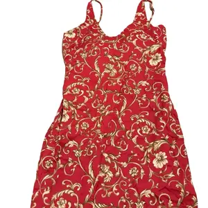 Korean Silk Short Kurtha - Red with Gold Floral Pattern Sleeveless Design