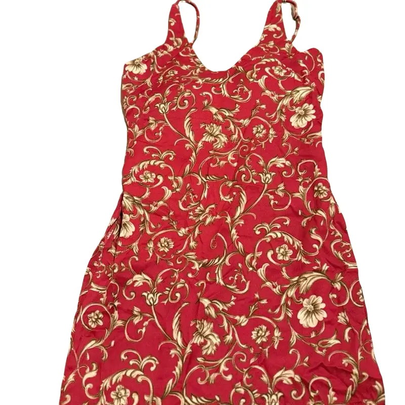 Korean Silk Short Kurtha - Red with Gold Floral Pattern Sleeveless Design