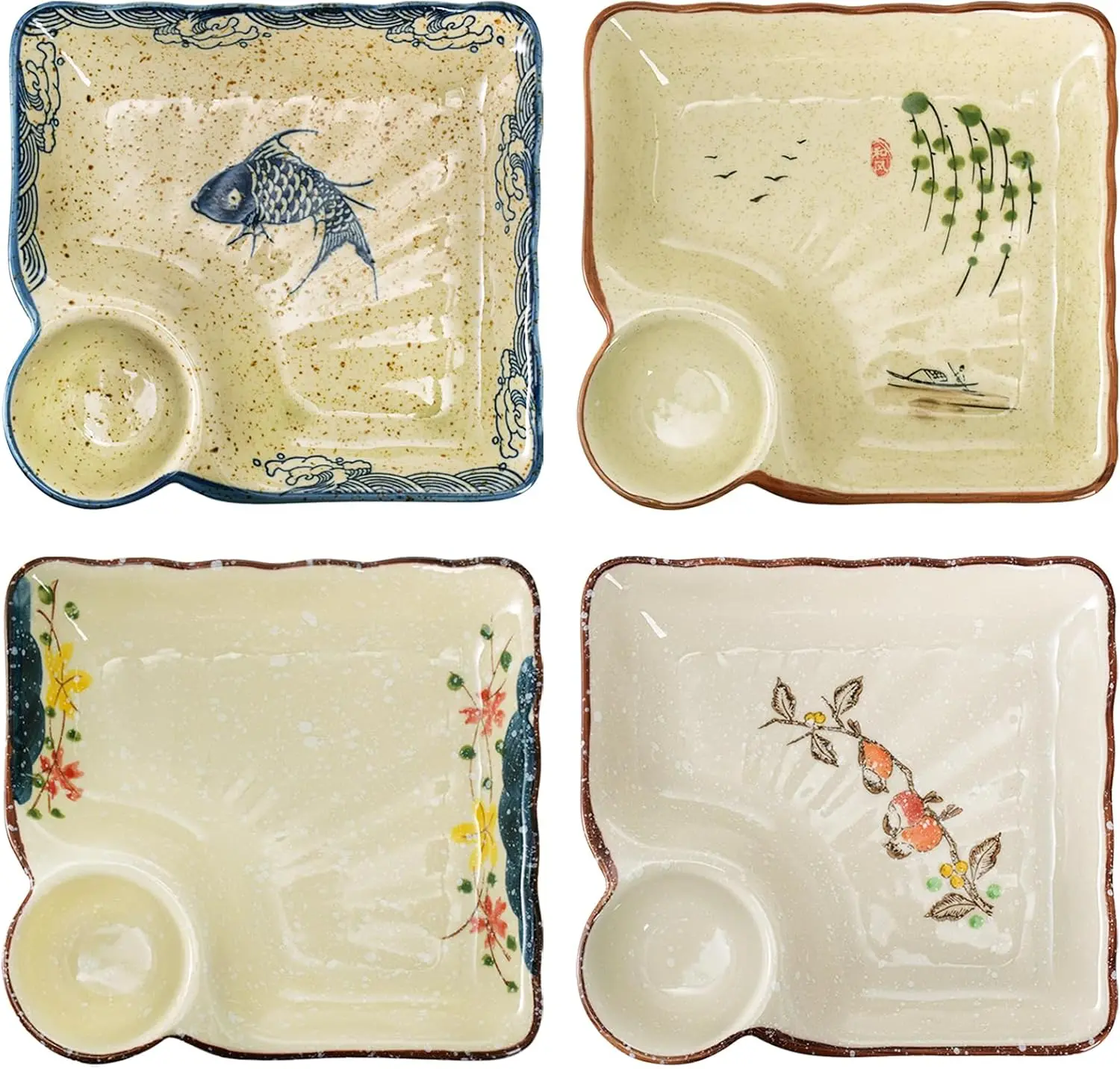 4 Pack Dumpling with Dipping, 7.3 Inch Japanese Sushi Platter, Chip and Dip, Divided Snack Serving Dish for Appetizer, Charcuterie, Dessert, Salad, Entertainment