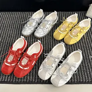 Silver Ballet Training Shoes for Women, Spring and Autumn 2026 New Style Super Hot Fashion Bow Flat Ballet Style Casual Shoes