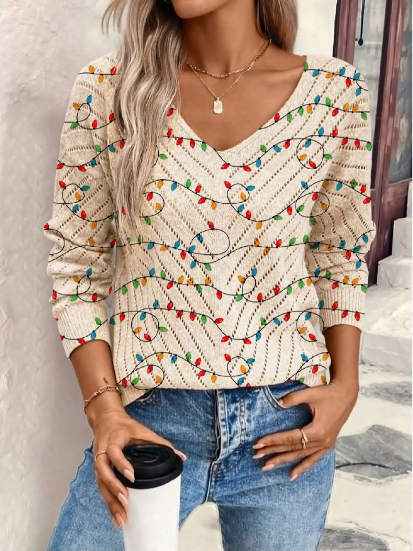 Women's Christmas Print Long Sleeve Knit Top, Casual Elegant Vacation Style Sweater, Loose V Neck, Comfortable Warm, Fall Winter Fashion