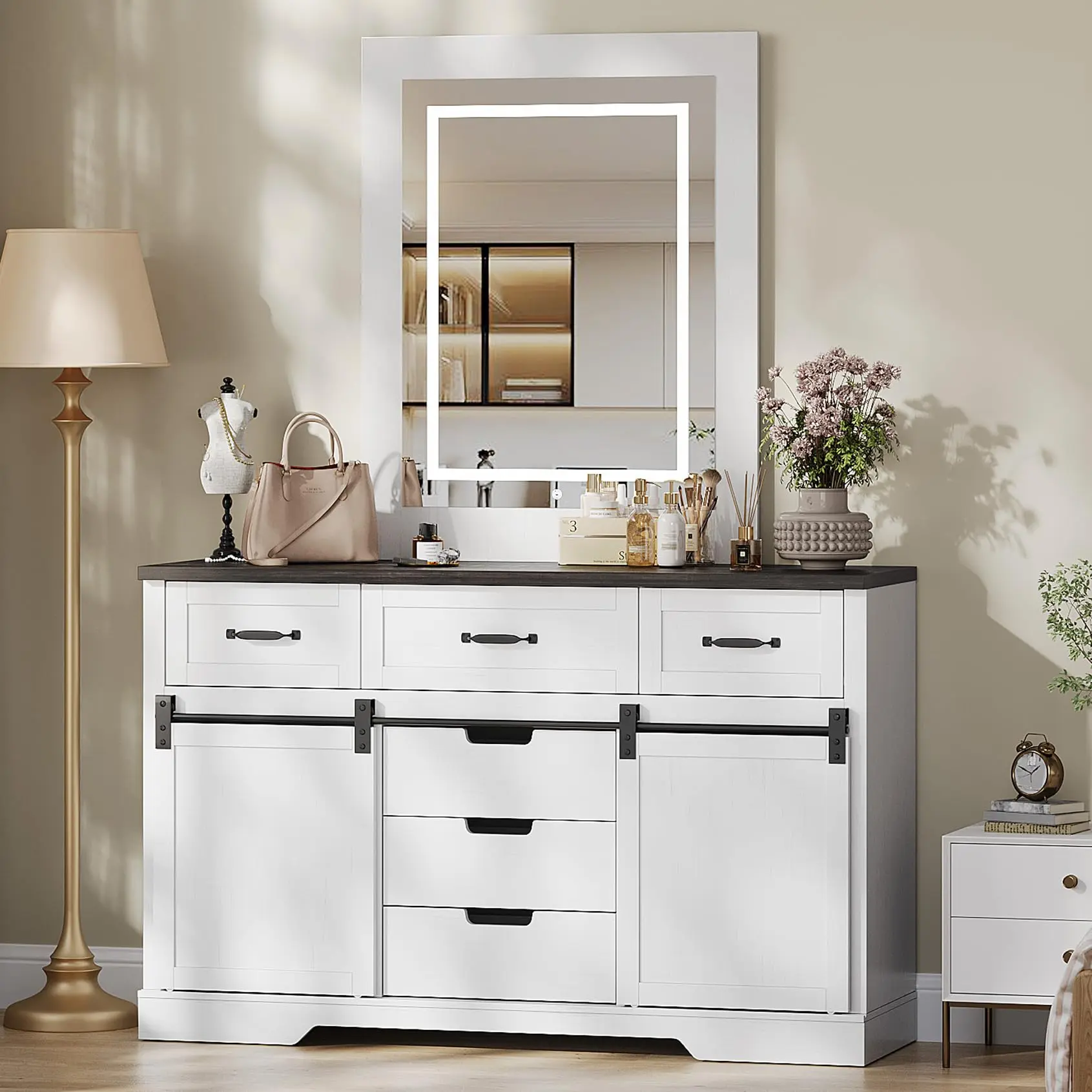 GARVEEModern Rustic Farmhouse Dresser with 6 Drawers, Sliding Barn Doors,  and Lighted Mirror - White Finish Chest of Drawers for Bedroom and Living  Room, Versatile Makeup Vanity and Storage Organizer - TikTok Shop