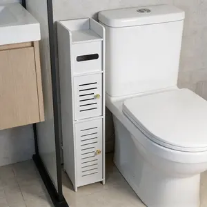 Narrow Floor-Standing Bathroom Storage Cabinet, Integrated Door Design, Top Paper Towel Holder, Multi-Layer Cosmetics Shelf, Small Space Home Use